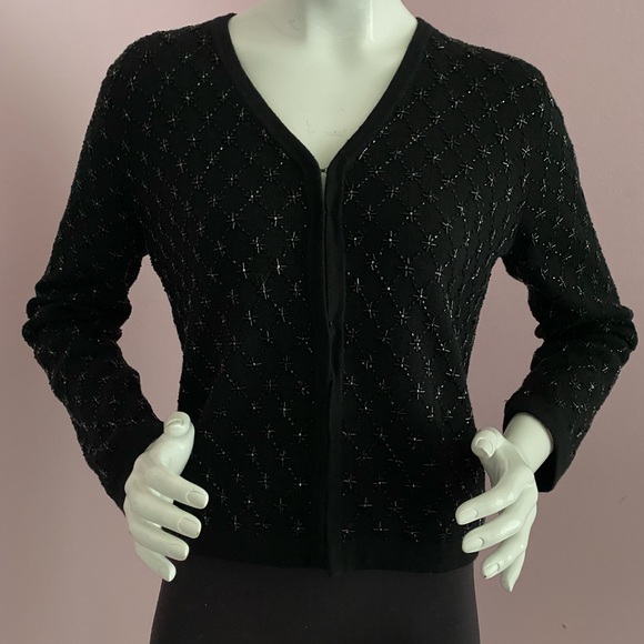 Vintage 90s Ann Taylor Beaded Cardigan V-neck Merino Wool Black Bugle Beads - Picture 2 of 15